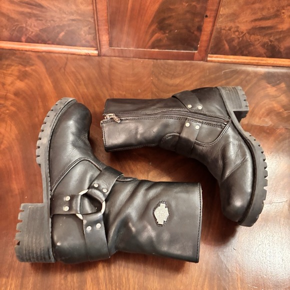 Harley Davidson Women's Black Leather Harness Boots Size 7 Moto Biker Zip - Picture 6 of 9